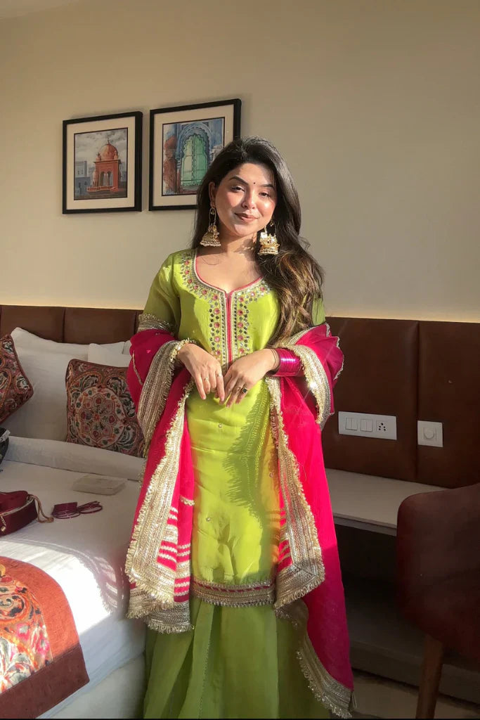 Elegance Green Sharara Suit with Pink Dupatta