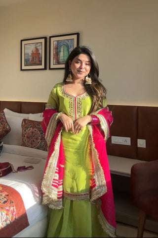 Elegance Green Sharara Suit with Pink Dupatta