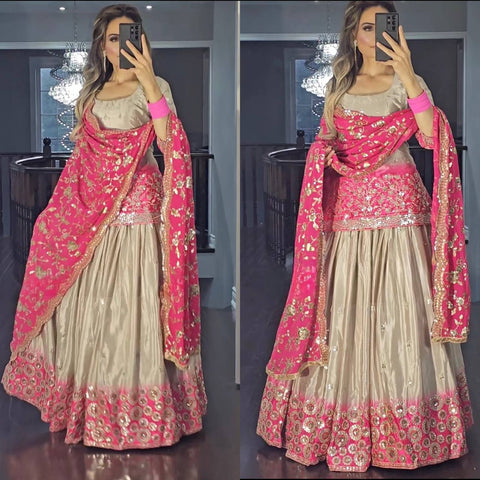 Blush Elegance Golden Lehenga Suit with Vibrant Pink Dupatta