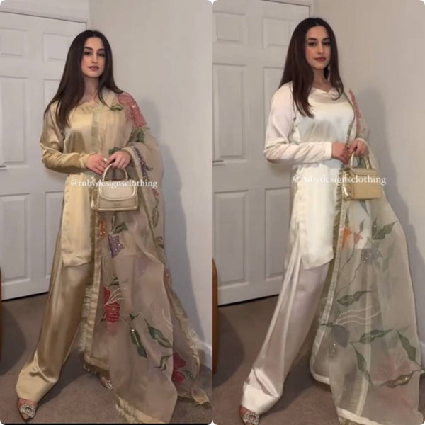 Elegant Beige Silk Salwar Suit with Printed Dupatta