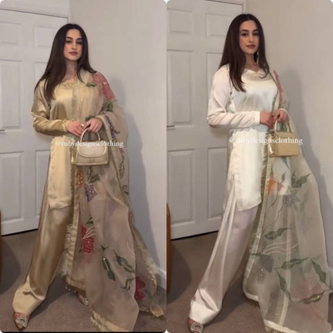 Elegant Beige Silk Salwar Suit with Printed Dupatta