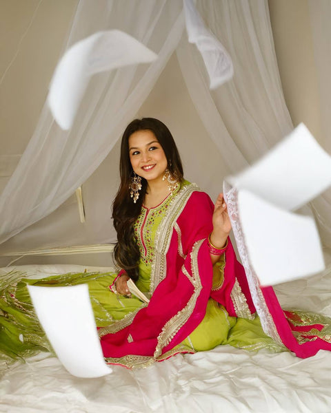 Parrot Green Salwar Suit with Contrast Dupatta