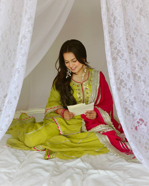 Parrot Green Salwar Suit with Contrast Dupatta