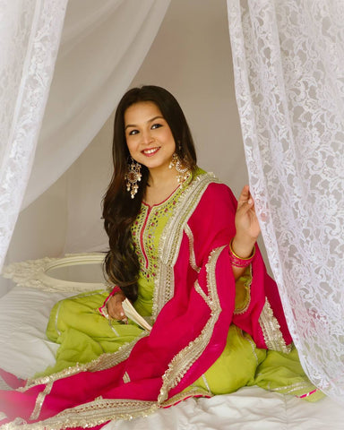 Parrot Green Salwar Suit with Contrast Dupatta