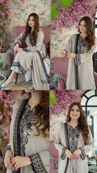 Elegant Embroidered Gray Suit with Black Detailing – Timeless Sophistication