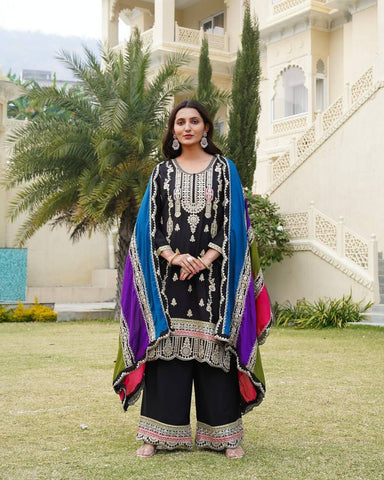 Elegant Black Chinnon Silk Plazo Suit Set with Heavy Embroidery