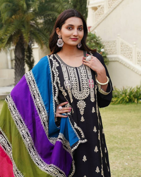 Elegant Black Chinnon Silk Plazo Suit Set with Heavy Embroidery