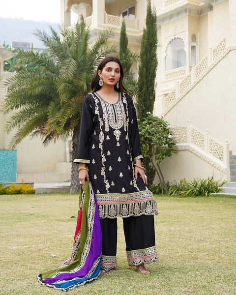 Elegant Black Chinnon Silk Plazo Suit Set with Heavy Embroidery