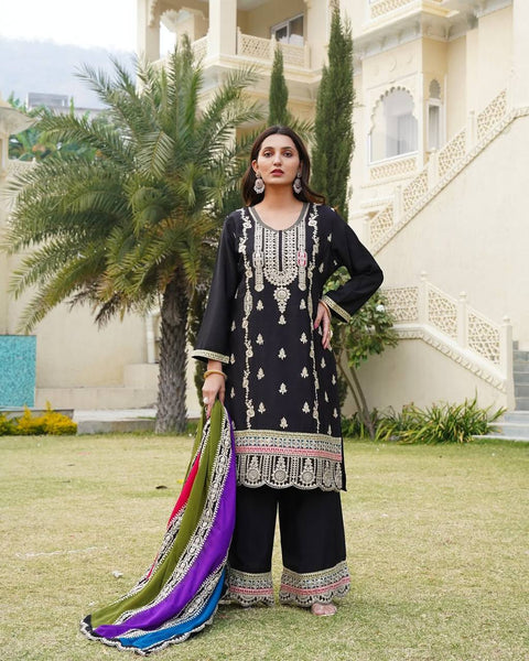 Elegant Black Chinnon Silk Plazo Suit Set with Heavy Embroidery