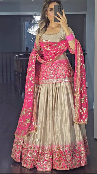 Elegant Silk Embroidered Pink and Beige Lehenga Choli with Dupatta