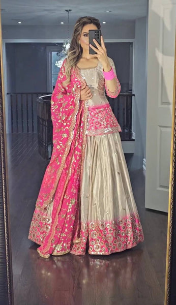 Elegant Silk Embroidered Pink and Beige Lehenga Choli with Dupatta