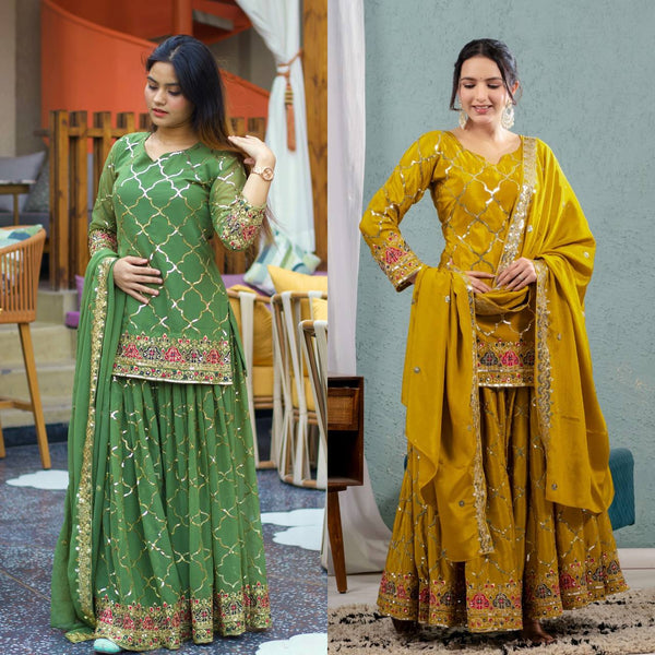 Elegant Georgette Sharara Suit with Embroidered Kurti and Dupatta