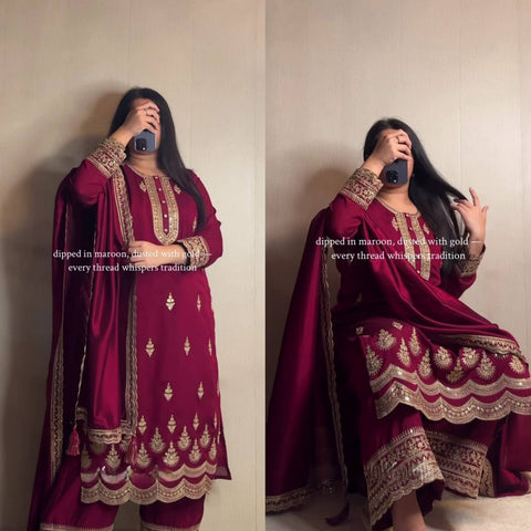 Elegant Wine Embroidered Salwar Suit with Dupatta