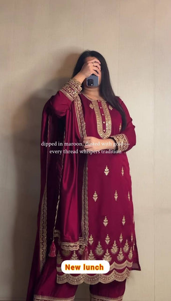 Elegant Wine Embroidered Salwar Suit with Dupatta