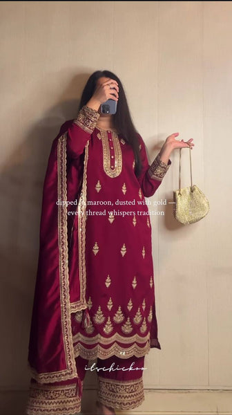 Elegant Wine Embroidered Salwar Suit with Dupatta