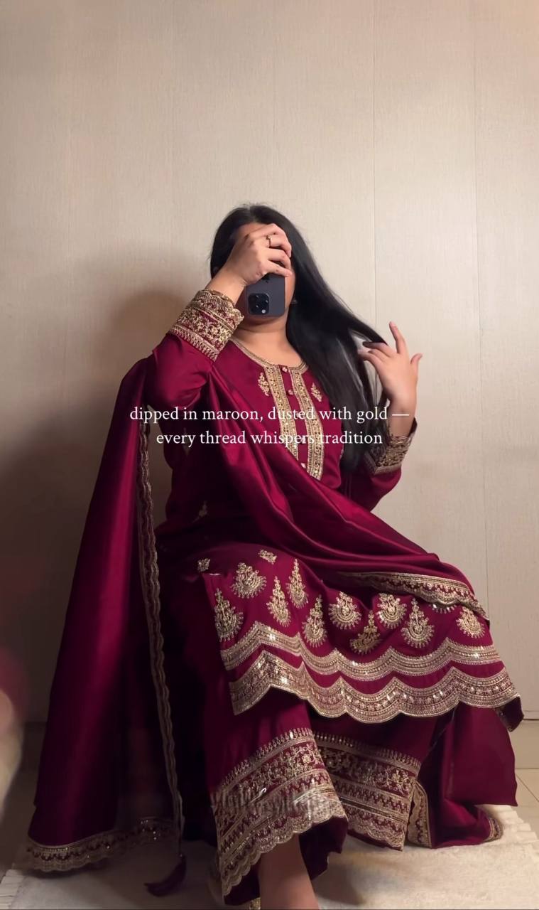 Elegant Wine Embroidered Salwar Suit with Dupatta