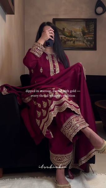 Elegant Wine Embroidered Salwar Suit with Dupatta