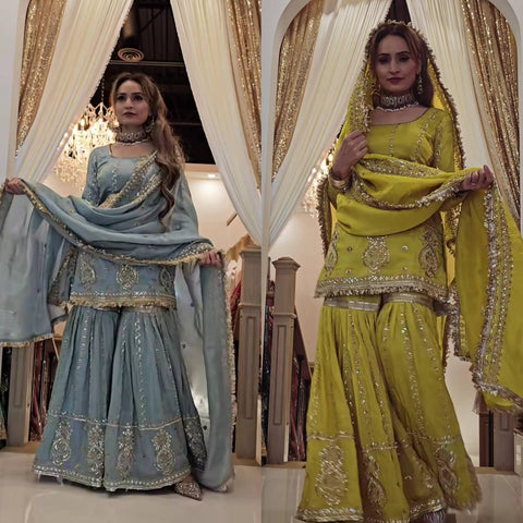Elegant Embroidered Silk Sharara Suit with Dupatta