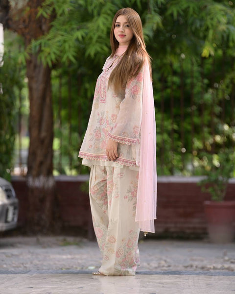 Graceful Floral Printed Salwar Suit with Pink Dupatta
