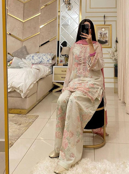 Graceful Floral Printed Salwar Suit with Pink Dupatta