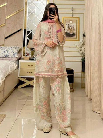 Graceful Floral Printed Salwar Suit with Pink Dupatta