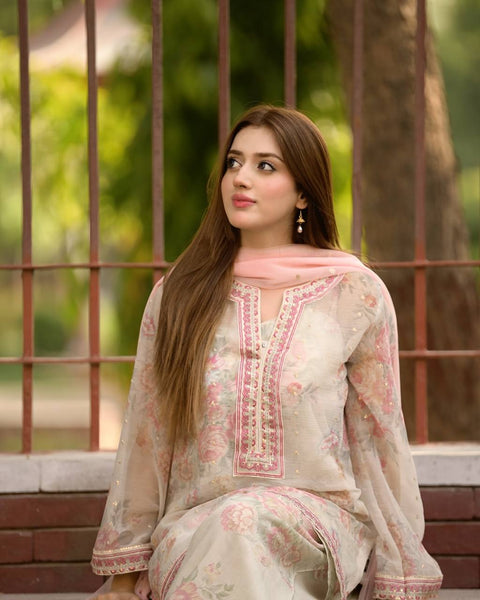 Graceful Floral Printed Salwar Suit with Pink Dupatta