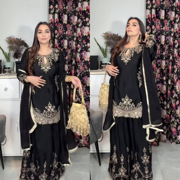Elegant Black Embroidered Sharara Suit with Dupatta
