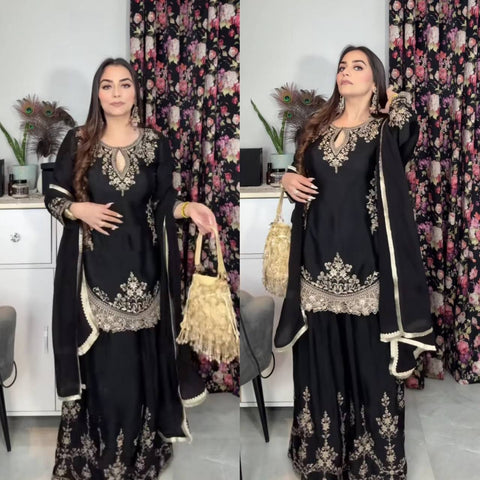 Elegant Black Embroidered Sharara Suit with Dupatta