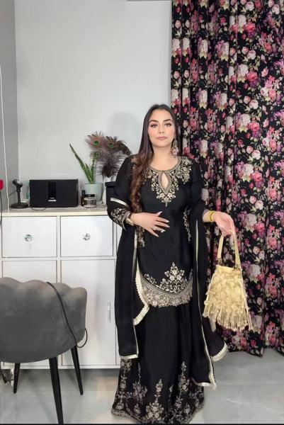 Elegant Black Embroidered Sharara Suit with Dupatta