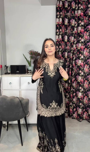 Elegant Black Embroidered Sharara Suit with Dupatta