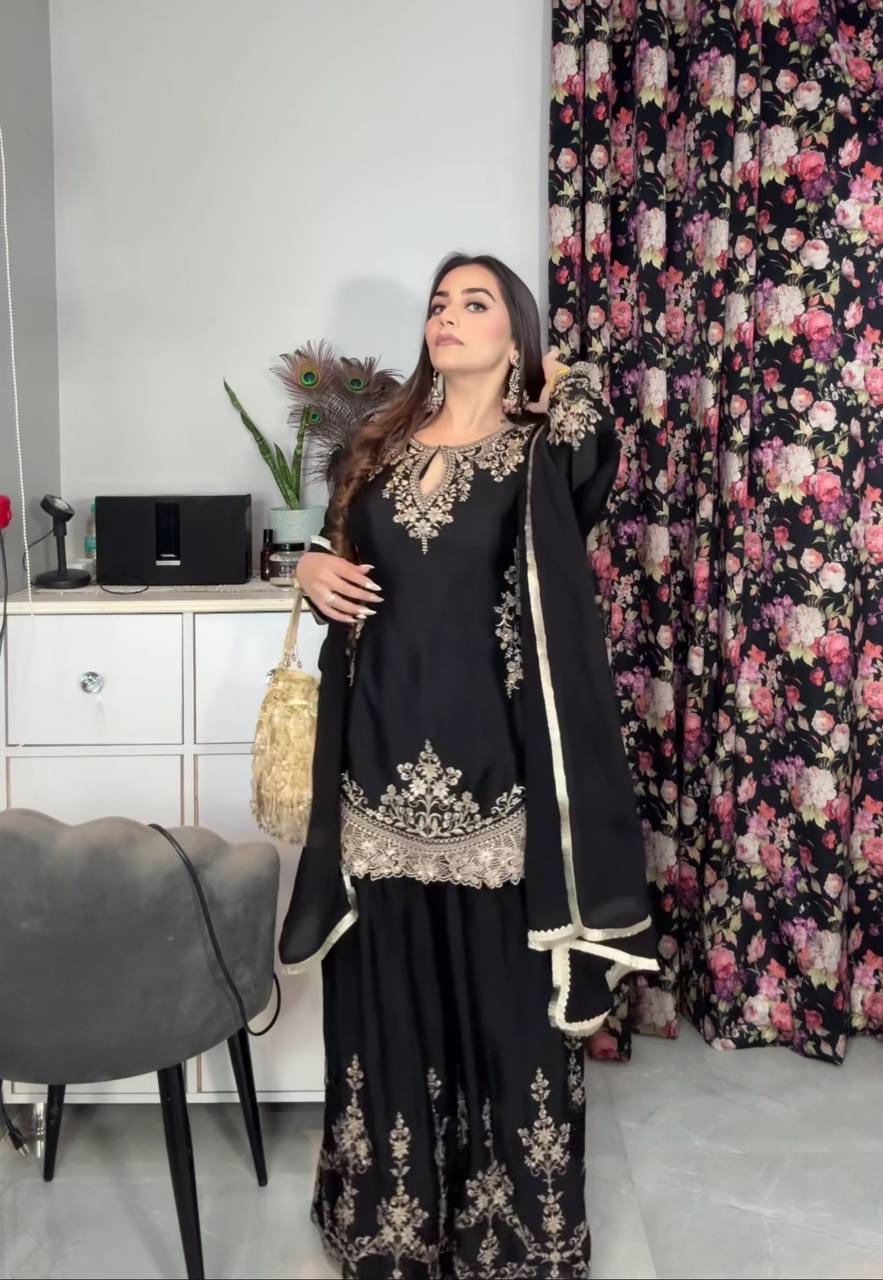 Elegant Black Embroidered Sharara Suit with Dupatta