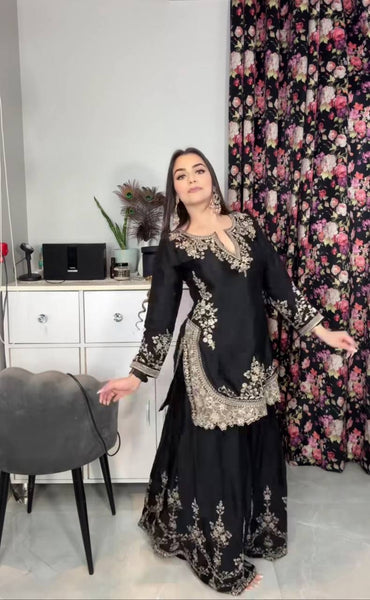 Elegant Black Embroidered Sharara Suit with Dupatta