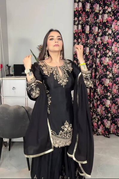 Elegant Black Embroidered Sharara Suit with Dupatta