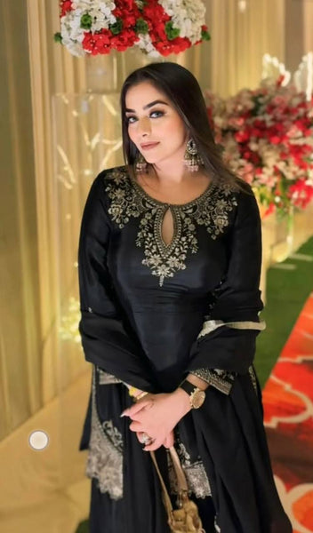 Elegant Black Embroidered Sharara Suit with Dupatta
