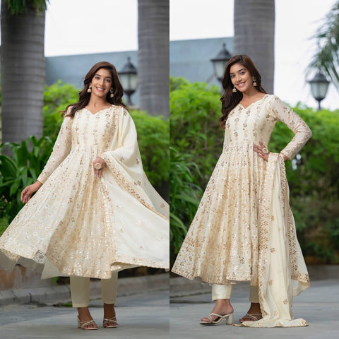 Elegant Off-White Embroidered Anarkali Suit with Dupatta