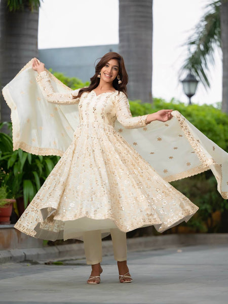 Elegant Off-White Embroidered Anarkali Suit with Dupatta