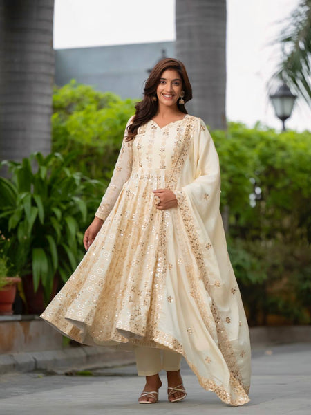 Elegant Off-White Embroidered Anarkali Suit with Dupatta