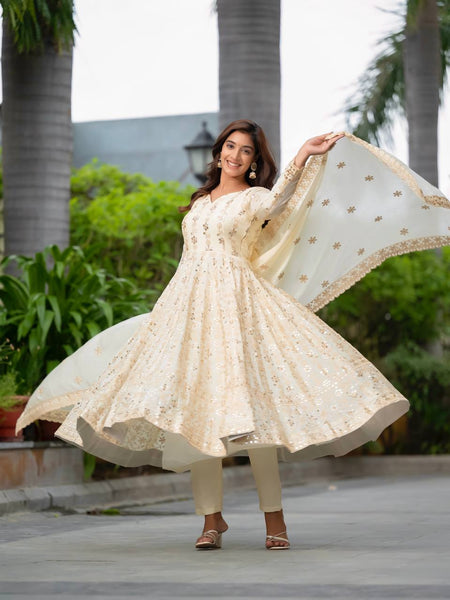 Elegant Off-White Embroidered Anarkali Suit with Dupatta