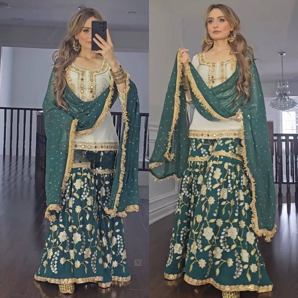 Elegant Beige and Green Sharara Suit with Embroidered Kurti and Dupatta