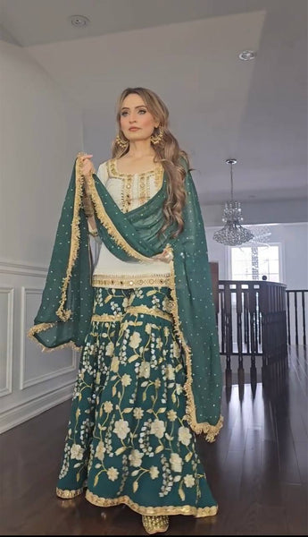Emerald Elegance: Green Embroidered Georgette Sharara Suit