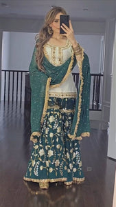 Elegant Beige and Green Sharara Suit with Embroidered Kurti and Dupatta