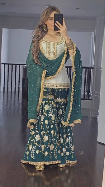 Emerald Elegance: Green Embroidered Georgette Sharara Suit