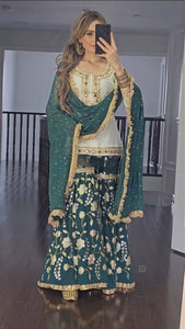 Emerald Elegance: Green Embroidered Georgette Sharara Suit