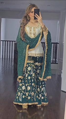 Emerald Elegance: Green Embroidered Georgette Sharara Suit