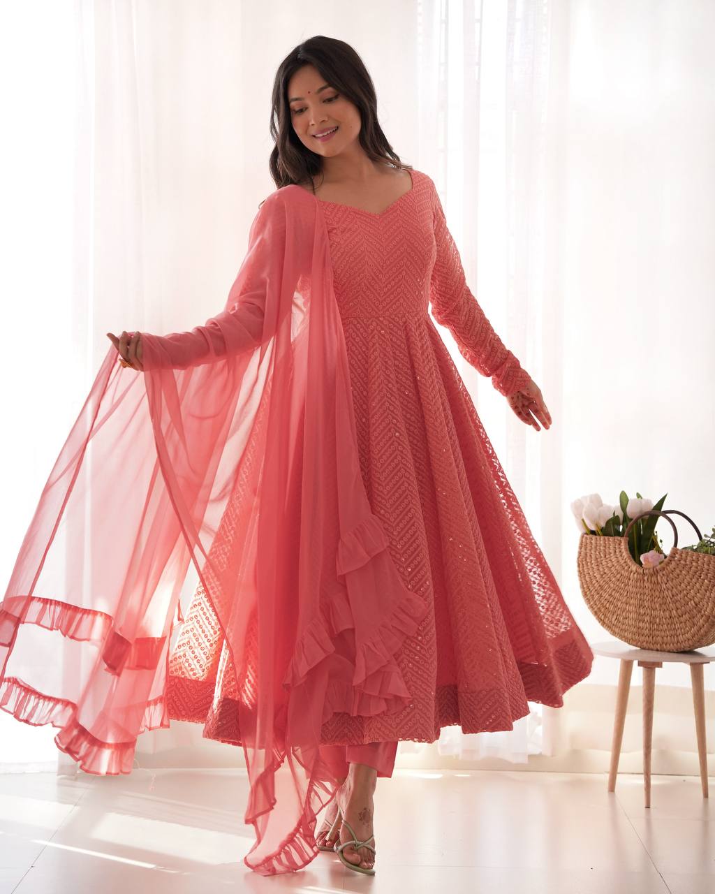 Elegant Peach Pink Embroidered Anarkali Suit with Dupatta