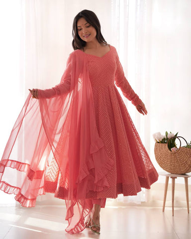 Elegant Peach Pink Embroidered Anarkali Suit with Dupatta