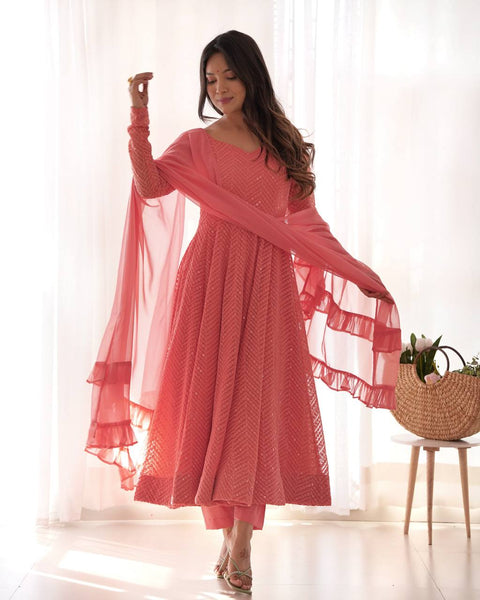 Elegant Peach Pink Embroidered Anarkali Suit with Dupatta