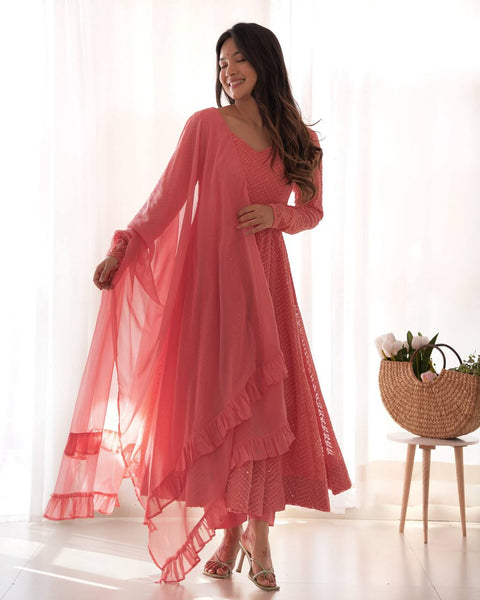 Elegant Peach Pink Embroidered Anarkali Suit with Dupatta