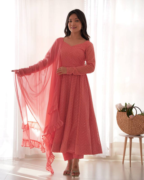 Elegant Peach Pink Embroidered Anarkali Suit with Dupatta