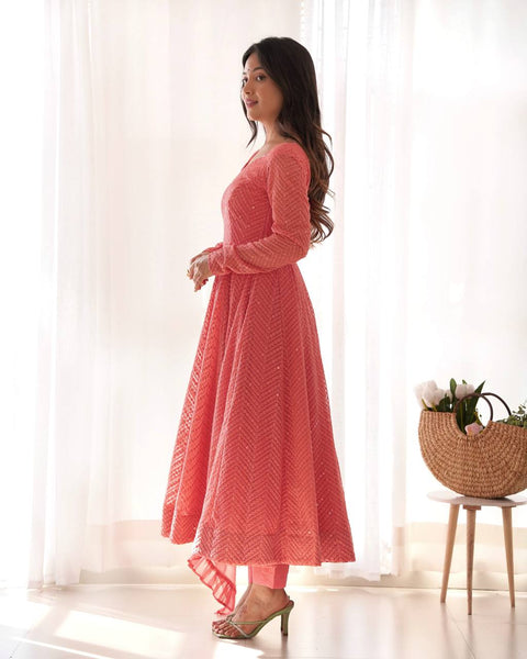 Elegant Peach Pink Embroidered Anarkali Suit with Dupatta